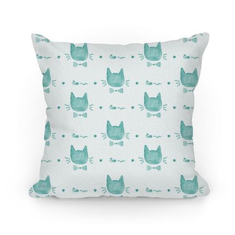 Turquoise Watercolor Cat Bow Tie Pattern Pillow
