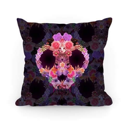 Floral Cat Skull Collage Pillow