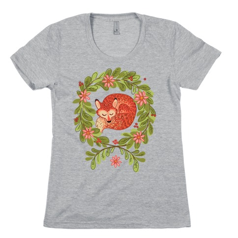 Sleeping Fox Wreath Womens T-Shirt