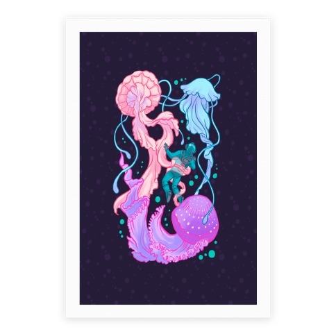 Deep Sea Diver & Jellyfish Poster