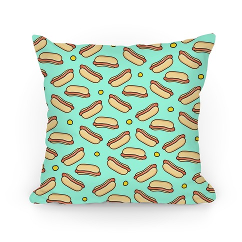 Teal Hot Dog Pattern Pillow