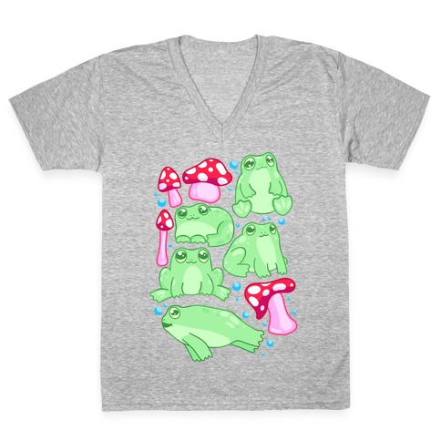 Frogs and Fungus Pattern V-Neck Tee Shirt