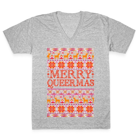 Merry Queermas Lesbian Pride Christmas Sweater V-Neck Tee Shirt