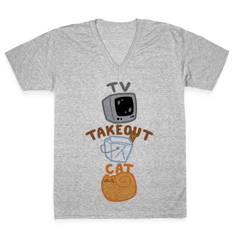 Tv Takeout Cat V-Neck Tee Shirt