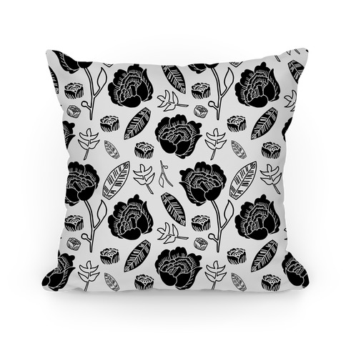 Floral and Leaves Pattern (Gray) Pillow