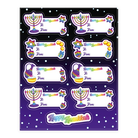 90s Neon Rainbow Happy Hanukkah - Hanukkah Gift Tags Stickers and Decal Sheet