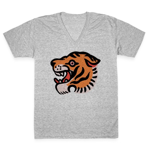 Old School Tiger Tattoo Head V-Neck Tee Shirt