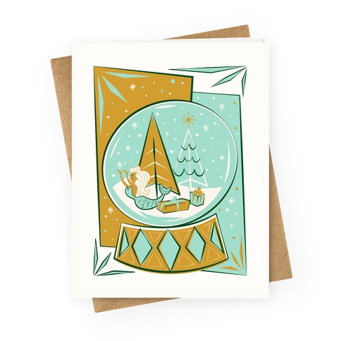 Mid-Century Modern Mermaid Holiday Snow Globe Greeting Card
