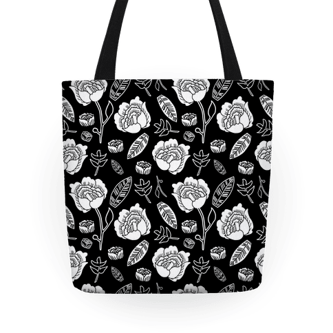 Floral and Leaves Pattern (Black) Tote Bag | LookHUMAN