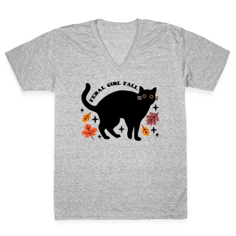 Feral Girl Fall Black Cat V-Neck Tee Shirt