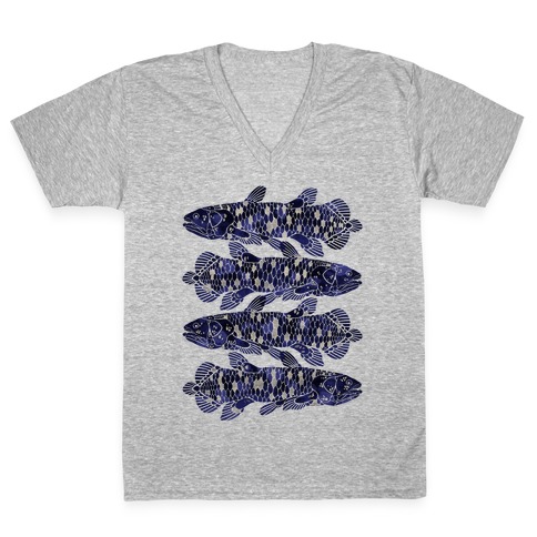 Geometric Jeweled Coelacanth Fish V-Neck Tee Shirt