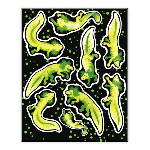 Green Fluorescent Axolotl  Stickers and Decal Sheet