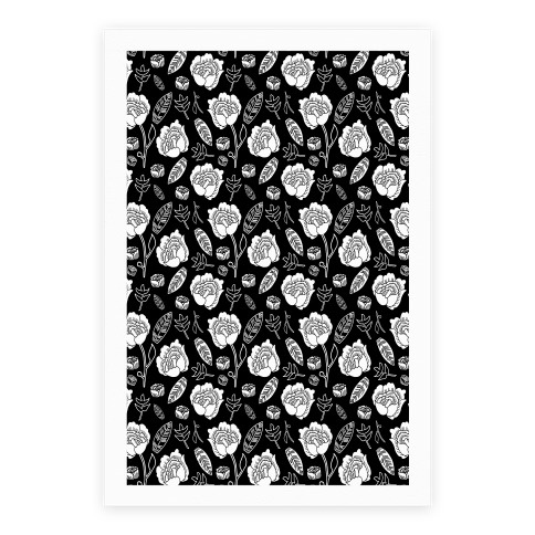 Floral and Leaves Pattern (Black) Poster