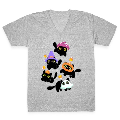 Spooky Black Cats Pattern V-Neck Tee Shirt