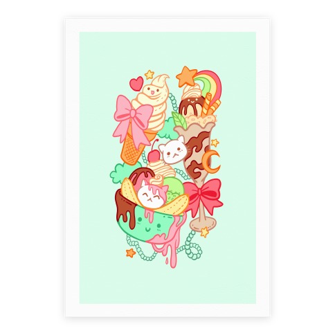 Cute Cat Sundae & Kawaii Ice Cream Poster
