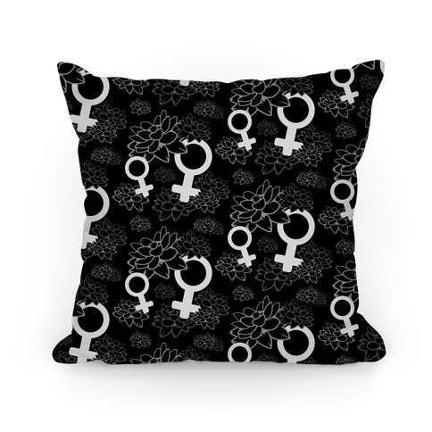 Female Symbol and Lotus Flowers Black Pattern Pillow