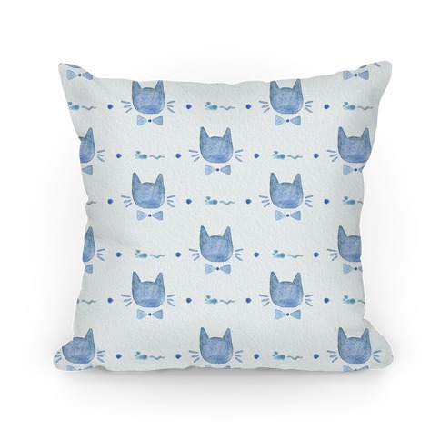 Blue Watercolor Cat Bow Tie Pattern Pillow