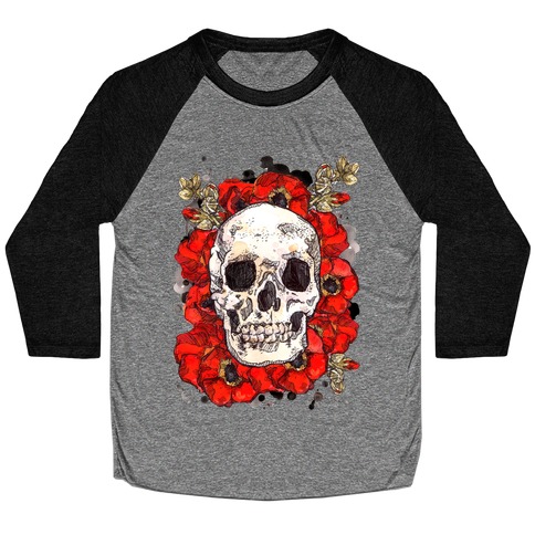 Skull on a Bed of Poppies Baseball Tee