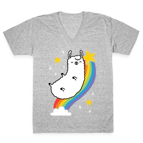 Llama On A Rainbow V-Neck Tee Shirt