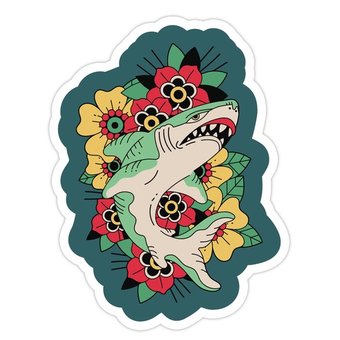 Floral Shark Traditional Tattoo Die Cut Sticker