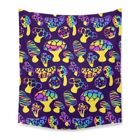 Psychedelic 90s Rainbow Animal Print Mushrooms Tapestry