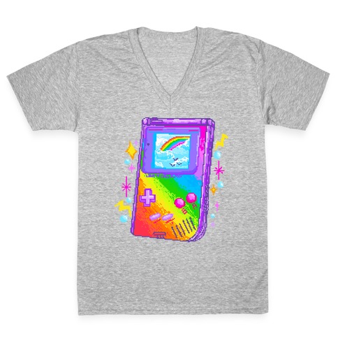 90s Rainbow Pixel Game Boy V-Neck Tee Shirt