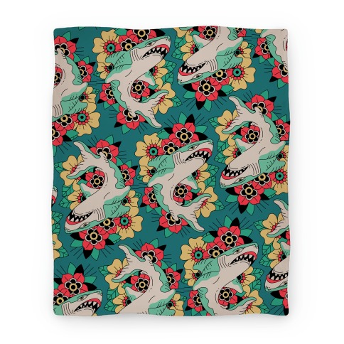 Floral Shark Traditional Tattoo Blanket