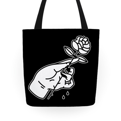 Hand With Bleeding Fingers Holding a Rose Tote