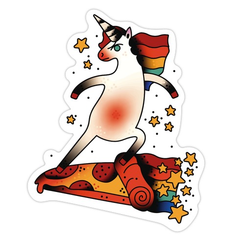 Rad Unicorn Skateboarding a Pizza Tattoo Die Cut Sticker