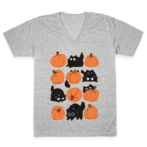 Pumpkin Cats V-Neck Tee Shirt