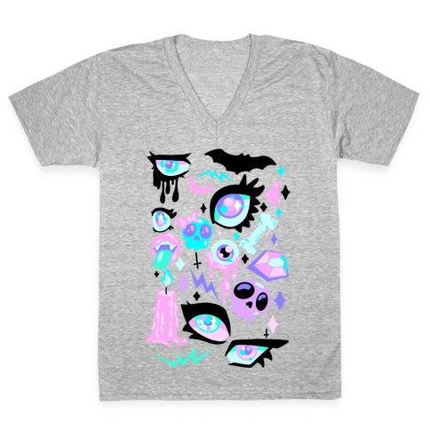 Pastel Goth Eyes Pattern V-Neck Tee Shirt