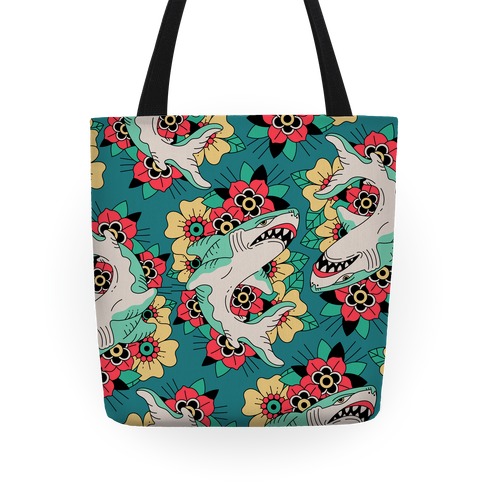 Floral Shark Traditional Tattoo Tote