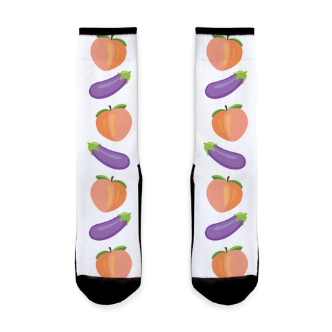 Eggplant Peach Pattern Socks Lookhuman, Peach Emoji Shower Curtain