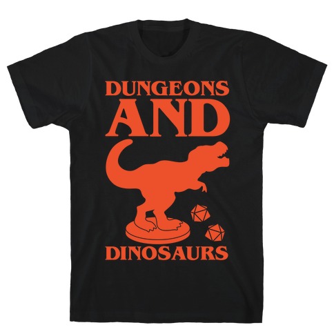 Dungeons and Dinosaurs Parody White Print T-Shirt