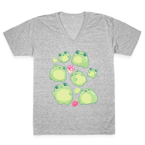 Kawaii Frogs Pattern V-Neck Tee Shirt