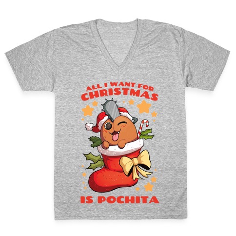 All I Want For Christmas Is Pochita V-Neck Tee Shirt