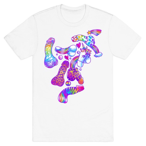90s Neon Rainbow Penis Pattern T-Shirt