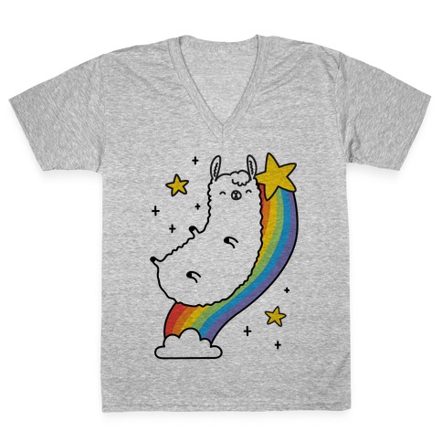 Llama On A Rainbow V-Neck Tee Shirt