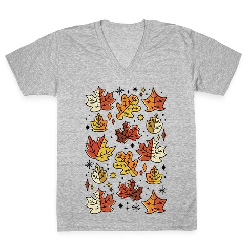 Mid Century Modern Fall Leaves V-Neck Tee Shirt