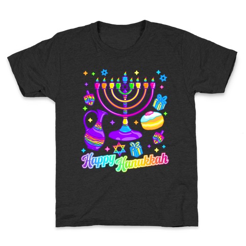 90s Neon Rainbow Happy Hanukkah Pattern Kids T-Shirt