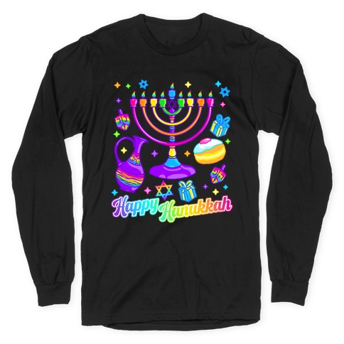 90s Neon Rainbow Happy Hanukkah Pattern Long Sleeve T-Shirt