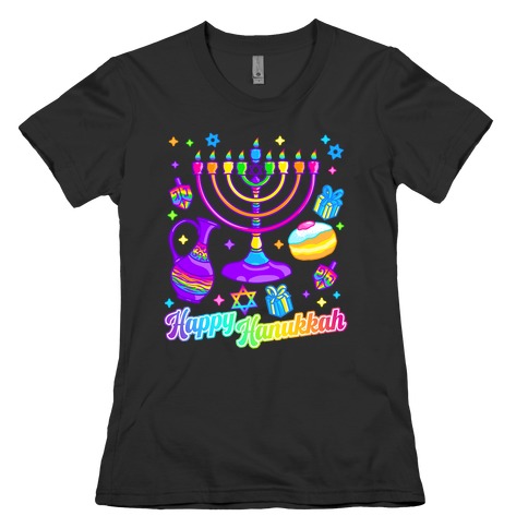 90s Neon Rainbow Happy Hanukkah Pattern Womens T-Shirt