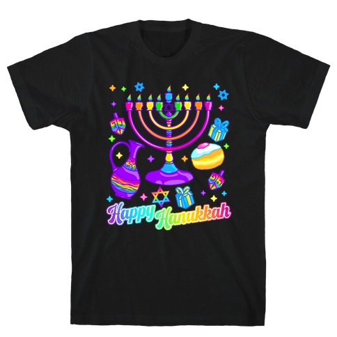 90s Neon Rainbow Happy Hanukkah Pattern T-Shirt