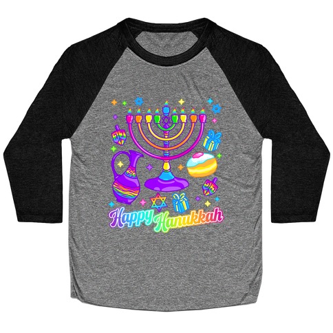 90s Neon Rainbow Happy Hanukkah Pattern Baseball Tee