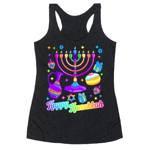 90s Neon Rainbow Happy Hanukkah Pattern Racerback Tank Top