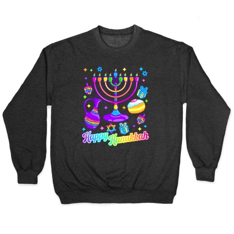 90s Neon Rainbow Happy Hanukkah Pattern Pullover