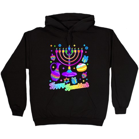 90s Neon Rainbow Happy Hanukkah Pattern Hooded Sweatshirt