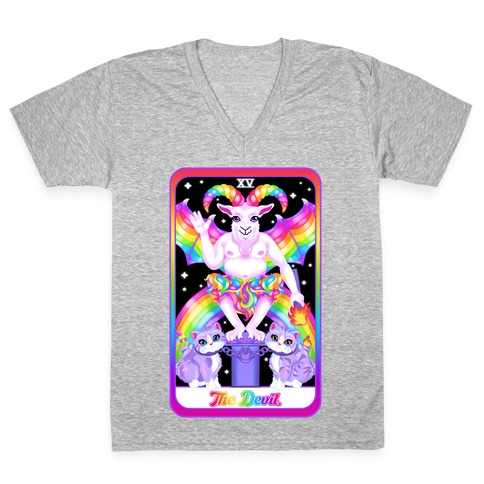 90s Neon Rainbow The Devil Tarot V-Neck Tee Shirt