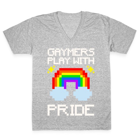 Gaymers Play With Pride White Print V-Neck Tee Shirt
