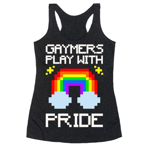 Gaymers Play With Pride White Print Racerback Tank Top